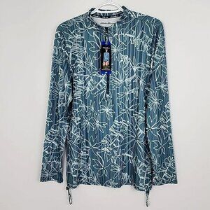 Eddie Bauer Women's Swim Teal Tropical Print 1/4 Zip Rashguard UPF 50 Size L